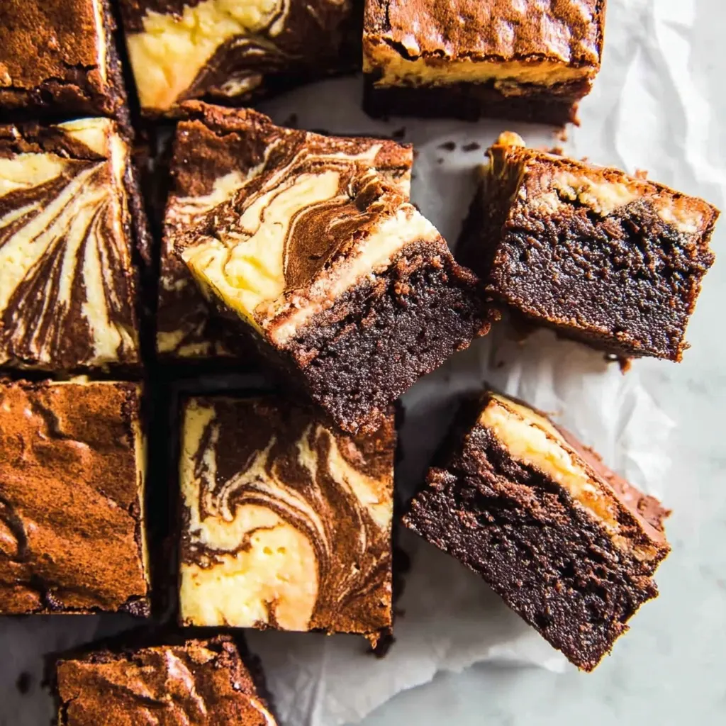 Homemade Cream Cheese Brownies cut into squares, showing thick fudgy chocolate layers and creamy cheesecake swirls on parchment paper.