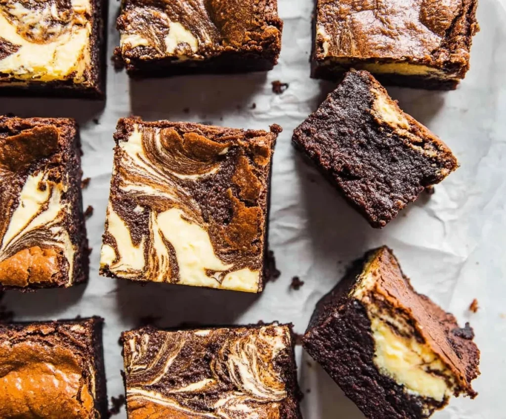 Fudgy Cream Cheese Brownies cut into squares on parchment paper, showing rich chocolate texture and creamy cheesecake swirls.