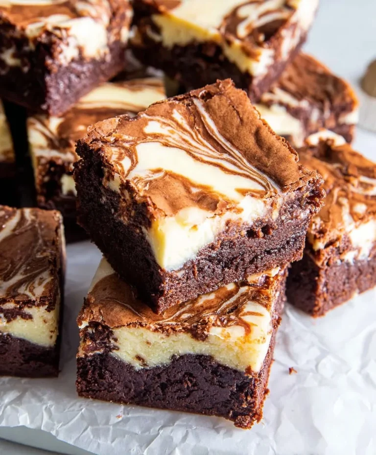 Stack of fudgy Cream Cheese Brownies on parchment paper, showing rich chocolate layers and creamy cheesecake swirls.
