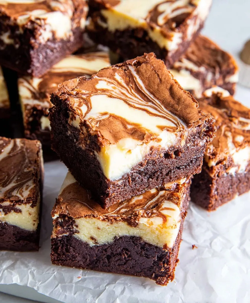 Stack of fudgy Cream Cheese Brownies on parchment paper, showing rich chocolate layers and creamy cheesecake swirls.