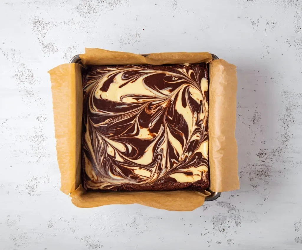Overhead view of a baking pan filled with Cream Cheese Brownies batter, showing beautiful marbled chocolate and cheesecake swirls before baking.