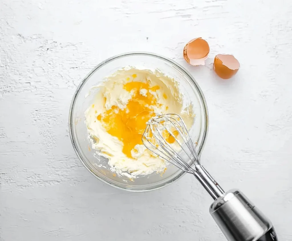 A glass bowl with cream cheese, egg yolk, and sugar being whisked together for the cheesecake swirl in Cream Cheese Brownies.