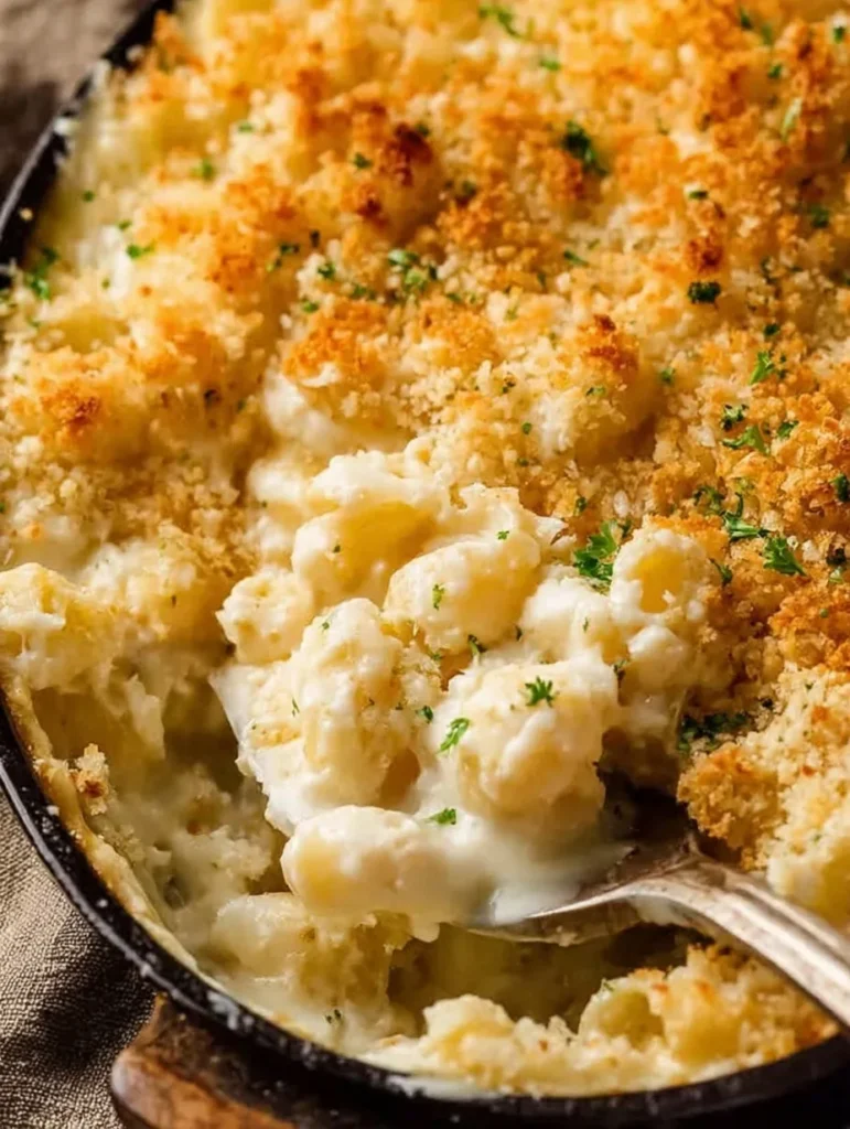 Spoon scooping creamy baked mac and cheese with a golden crispy breadcrumb topping.