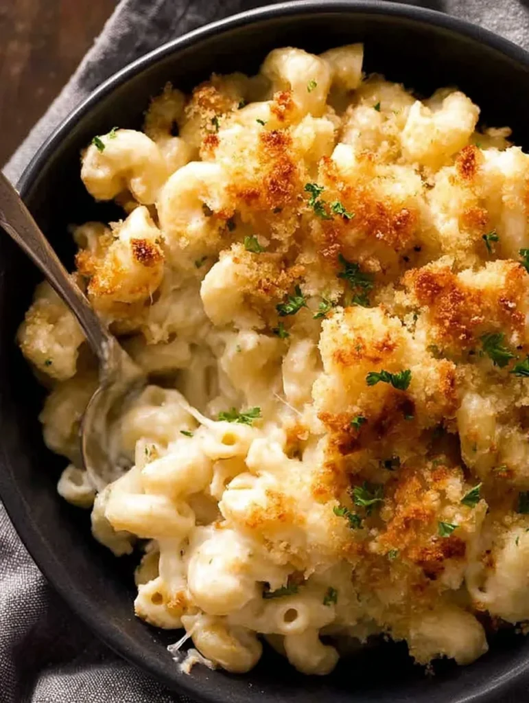 Creamy baked mac and cheese recipe in a bowl topped with a golden crispy topping and fresh herbs.