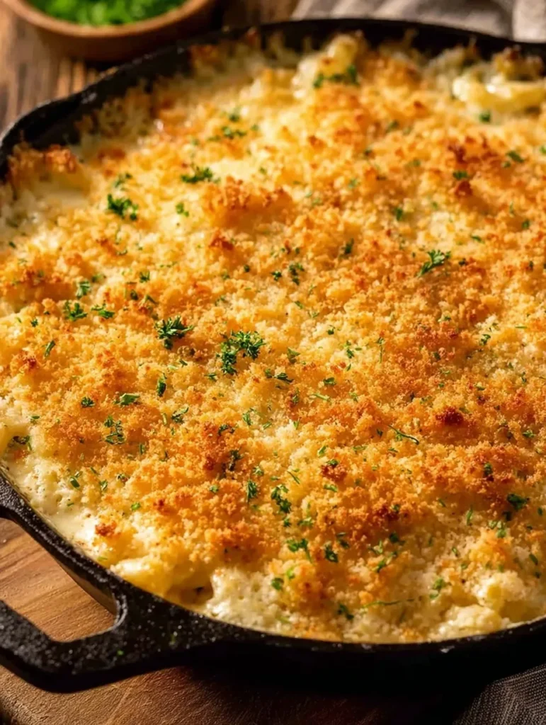 Golden crispy baked mac and cheese in a cast iron skillet topped with fresh parsley.