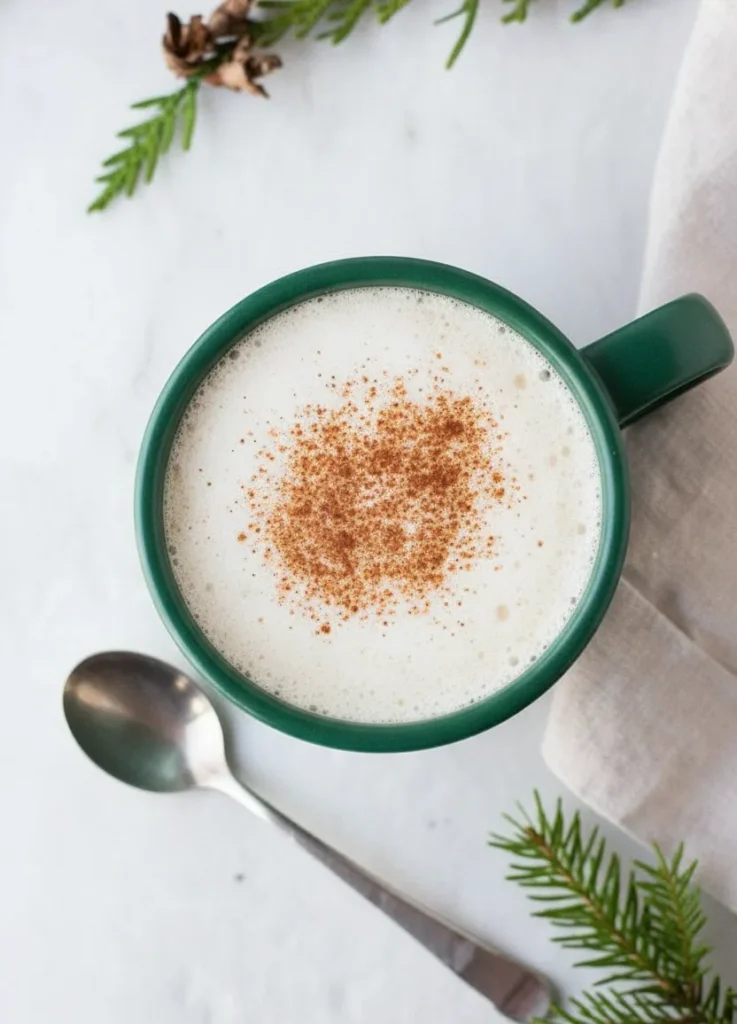 Cozy homemade eggnog chai latte in a green mug topped with cinnamon