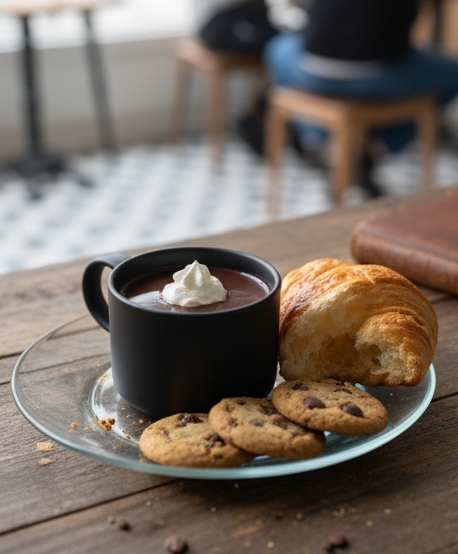 Rich French hot chocolate served in a matte black cup with a buttery croissant and warm chocolate chip cookies — cozy winter café vibes.