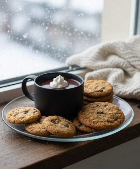 Cup of thick French hot chocolate with whipped cream and cookies on a snowy windowsill — winter comfort drink.