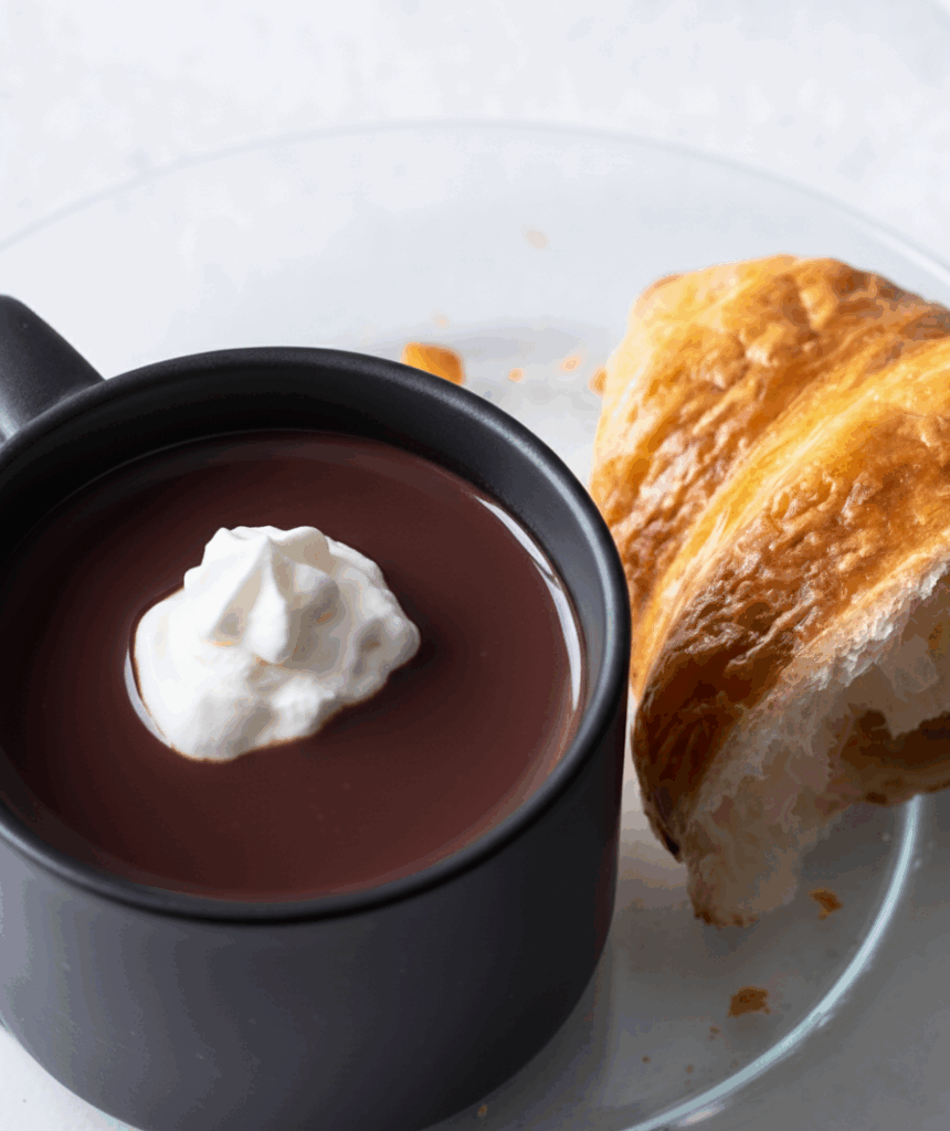 Velvety hot chocolate topped with whipped cream served with a freshly baked croissant — elegant French breakfast.