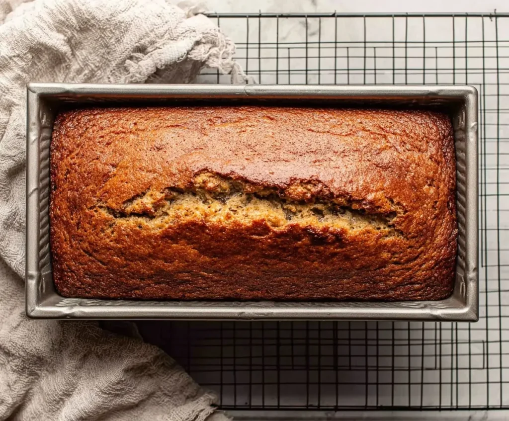 Freshly baked banana bread recipe loaf cooling in a pan with a golden brown top.