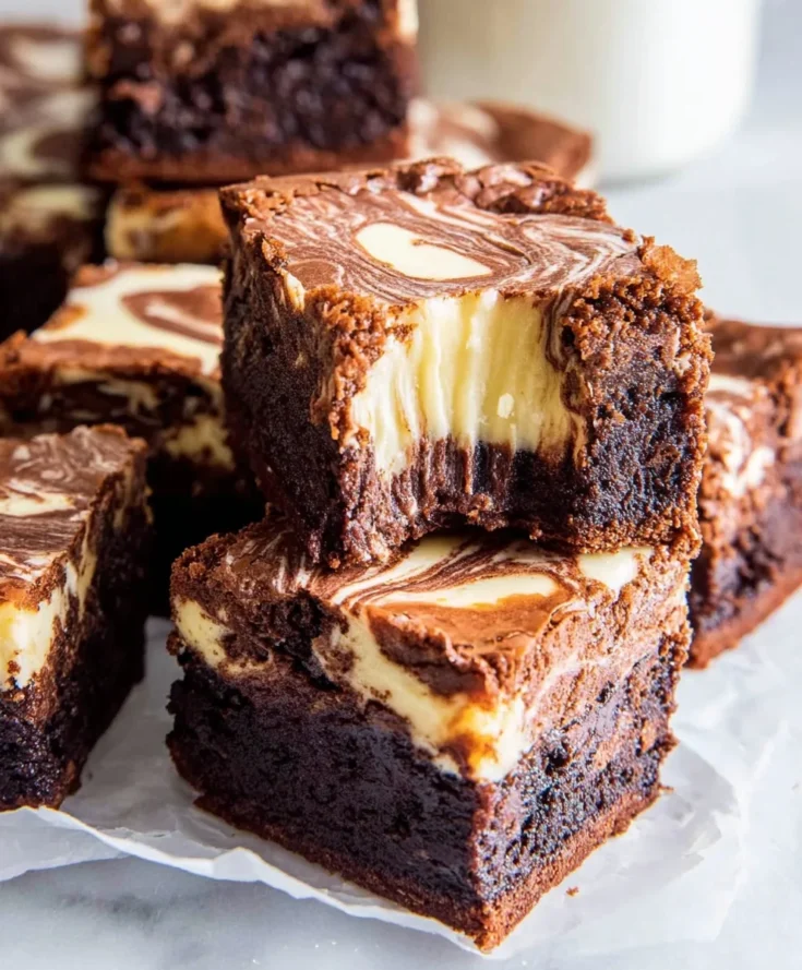 Stack of fudgy Cream Cheese Brownies showing gooey chocolate layers and creamy cheesecake center with a bite taken out.