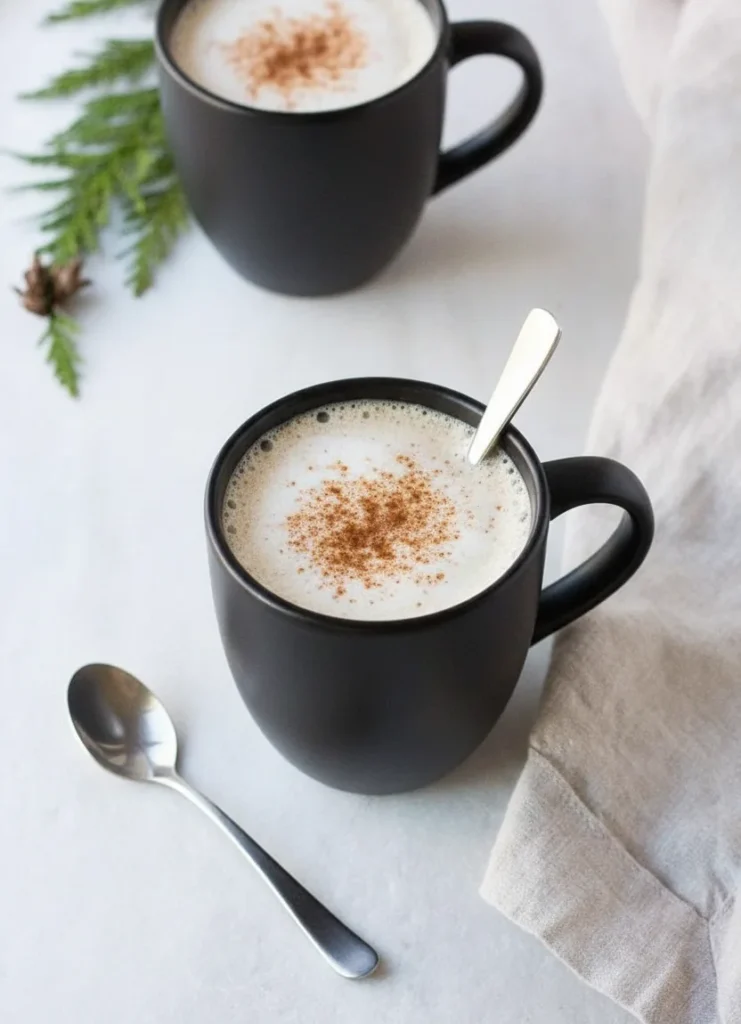 Two mugs of creamy eggnog chai latte topped with cinnamon beside greenery