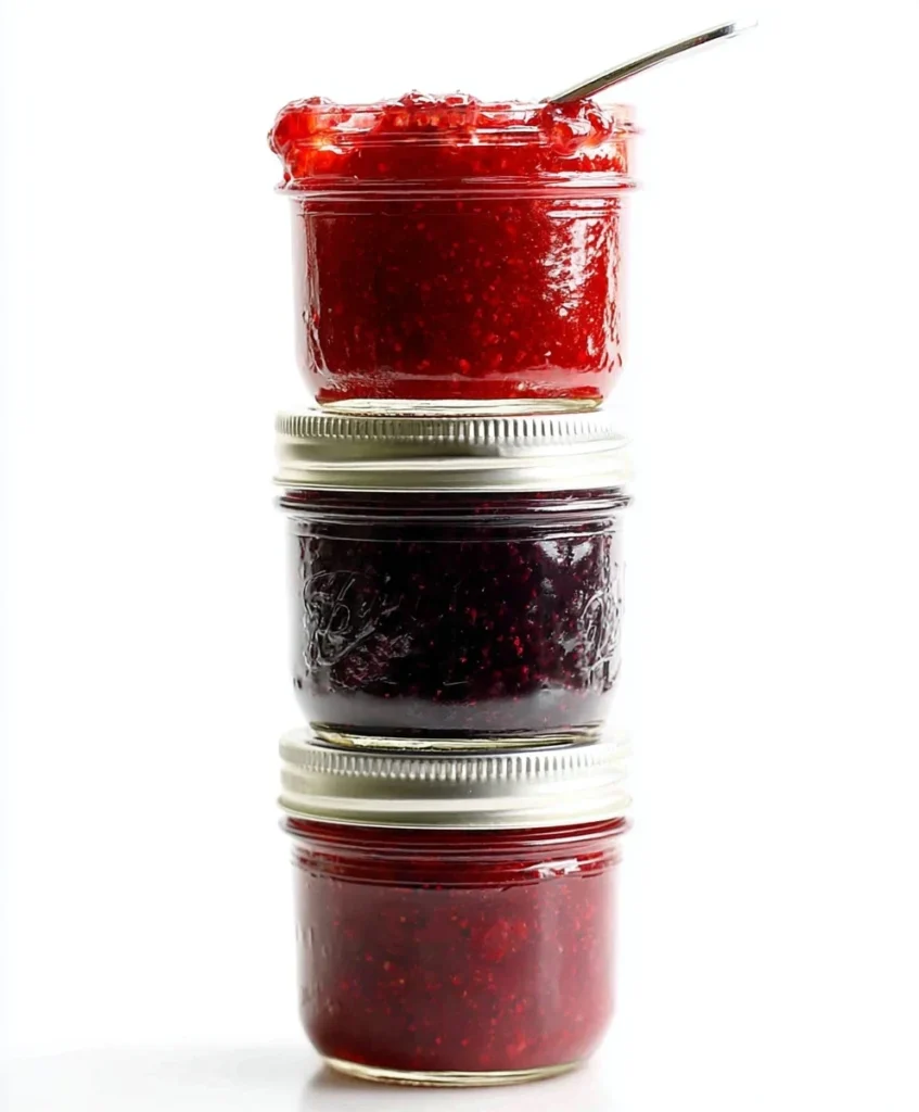 Three small jars of colorful homemade chia seed jam stacked on top of each other — strawberry, blueberry, and raspberry jam, bright and healthy fruit spread.