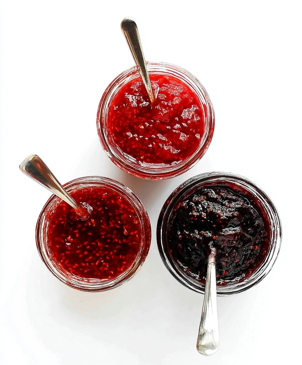 Three jars of homemade chia seed jam — strawberry, raspberry, and blueberry — viewed from above with spoons, showing their thick, glossy texture.