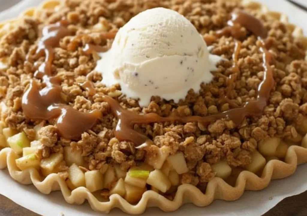 Homemade apple crisp pizza topped with a scoop of vanilla ice cream and caramel drizzle on a flaky crust.