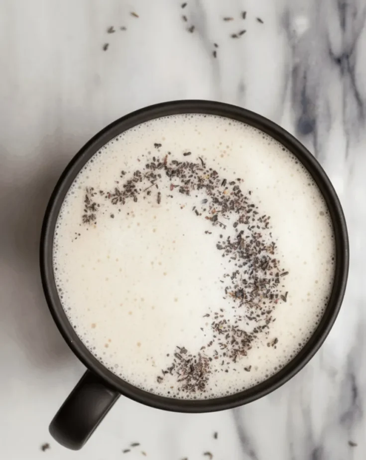 Creamy London Fog Tea topped with frothy milk and sprinkled lavender.