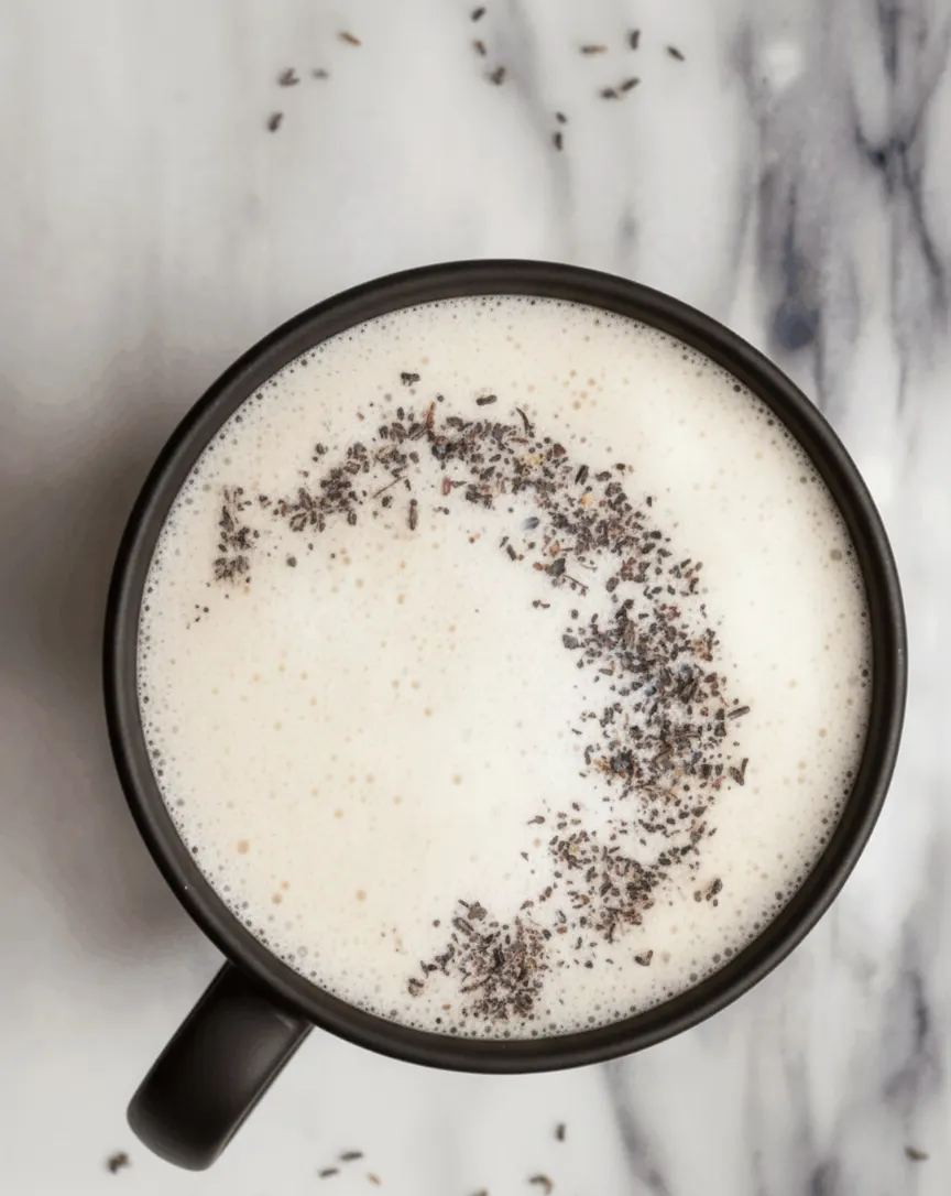 Creamy London Fog Tea topped with frothy milk and sprinkled lavender.
