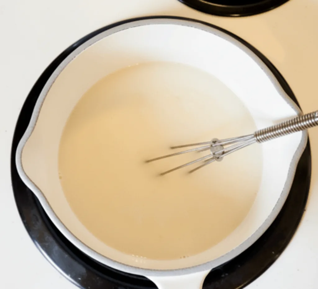 Warming milk in a white saucepan with a whisk to make frothy London Fog Tea.