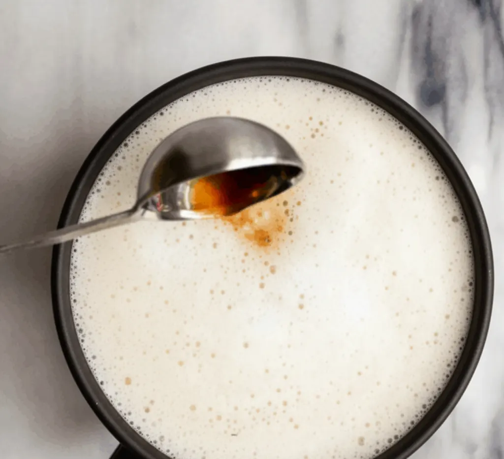 Adding vanilla syrup to frothed milk for a cozy London Fog Tea recipe.