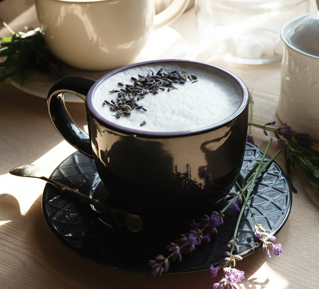 A warm cup of London Fog Tea topped with frothy milk and dried lavender buds on a black saucer.