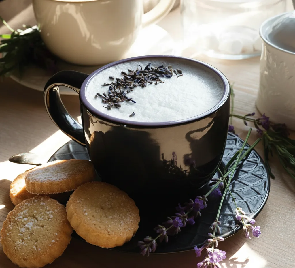 London Fog Tea in a black cup with buttery shortbread cookies and lavender flowers beside it.