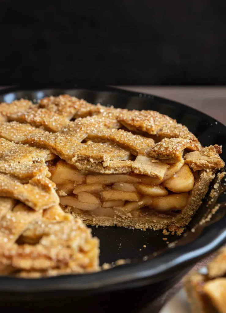 Homemade no-sugar apple pie with a golden lattice crust and thick apple filling, slice removed.