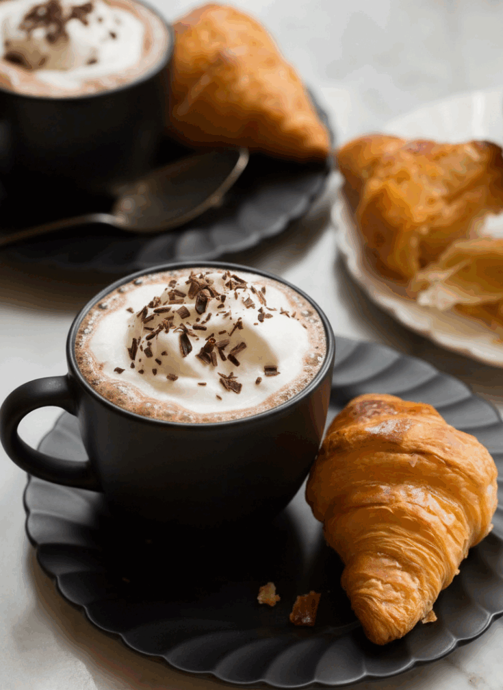Parisian-style hot chocolate with whipped cream and chocolate shavings, served with flaky croissants.