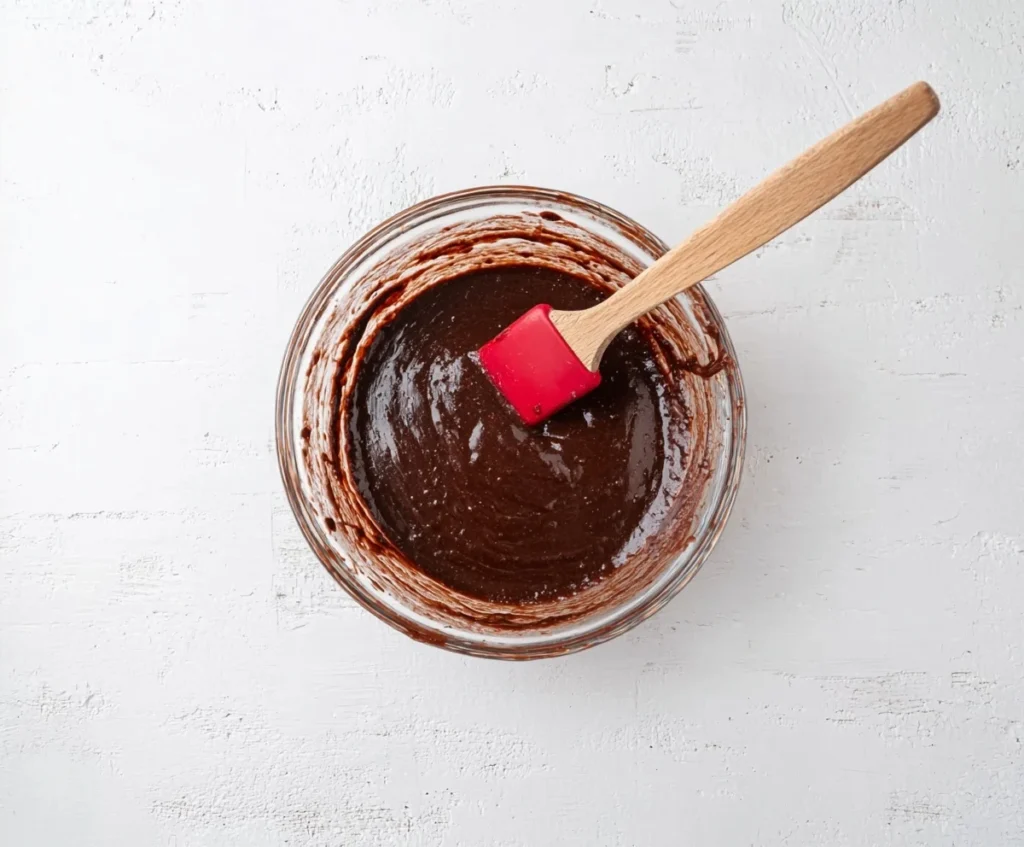 A glass bowl filled with smooth chocolate brownie batter and a red spatula, ready to make Cream Cheese Brownies.