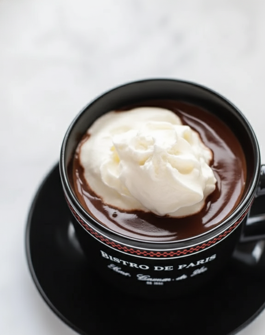 Rich Paris hot chocolate in a black “Bistro de Paris” cup topped with whipped cream — indulgent and smooth.
