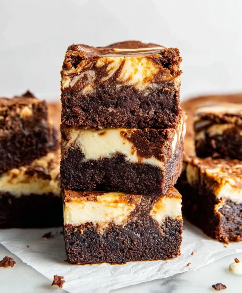 Stack of thick Cream Cheese Brownies showing rich chocolate texture and creamy cheesecake swirls on parchment paper.