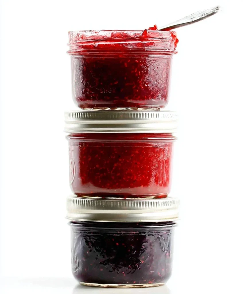 Three small jars of colorful homemade chia seed jam stacked on top of each other — strawberry, raspberry, and blueberry layers, bright and healthy.