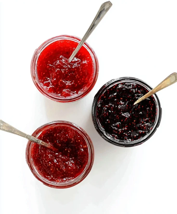 Three open jars of homemade chia seed jam — strawberry, raspberry, and blueberry — showing their rich colors and textures from above.