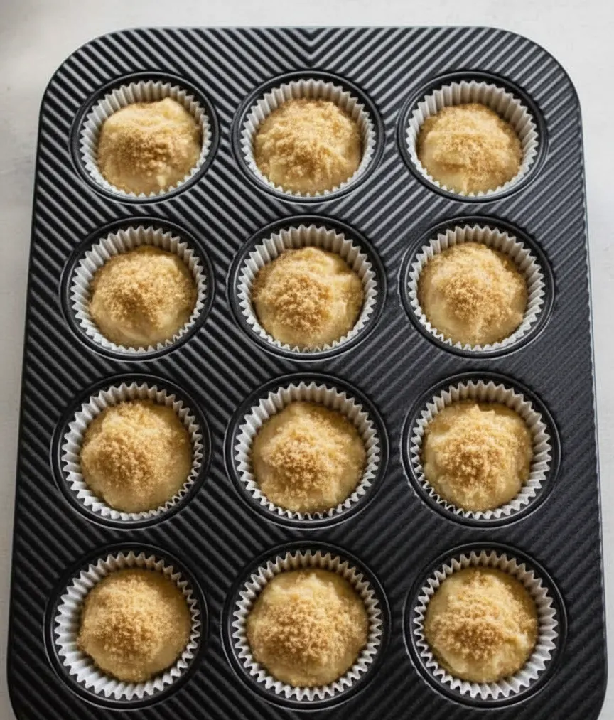 Muffin batter topped with brown sugar before baking.