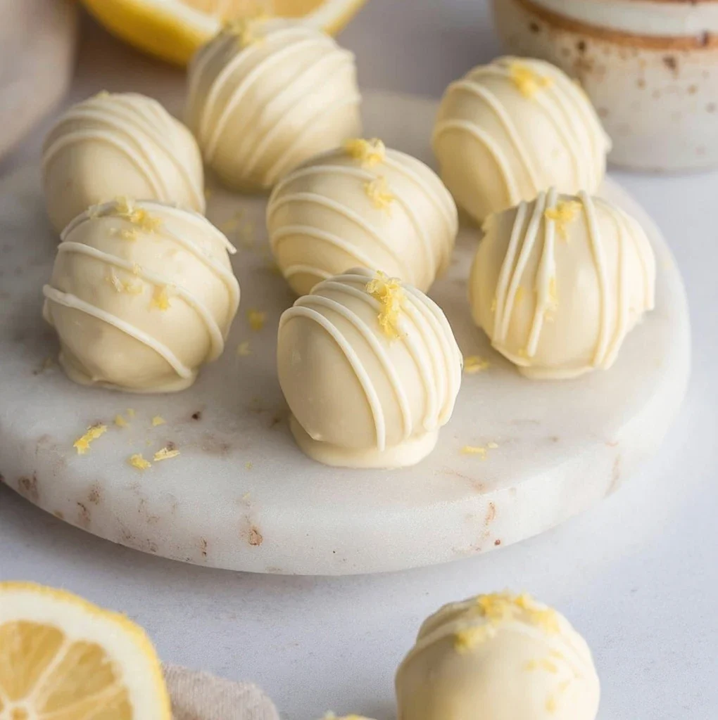 Close-up of creamy 3 ingredient lemon truffles drizzled with white chocolate and topped with fresh lemon zest on a marble tray.