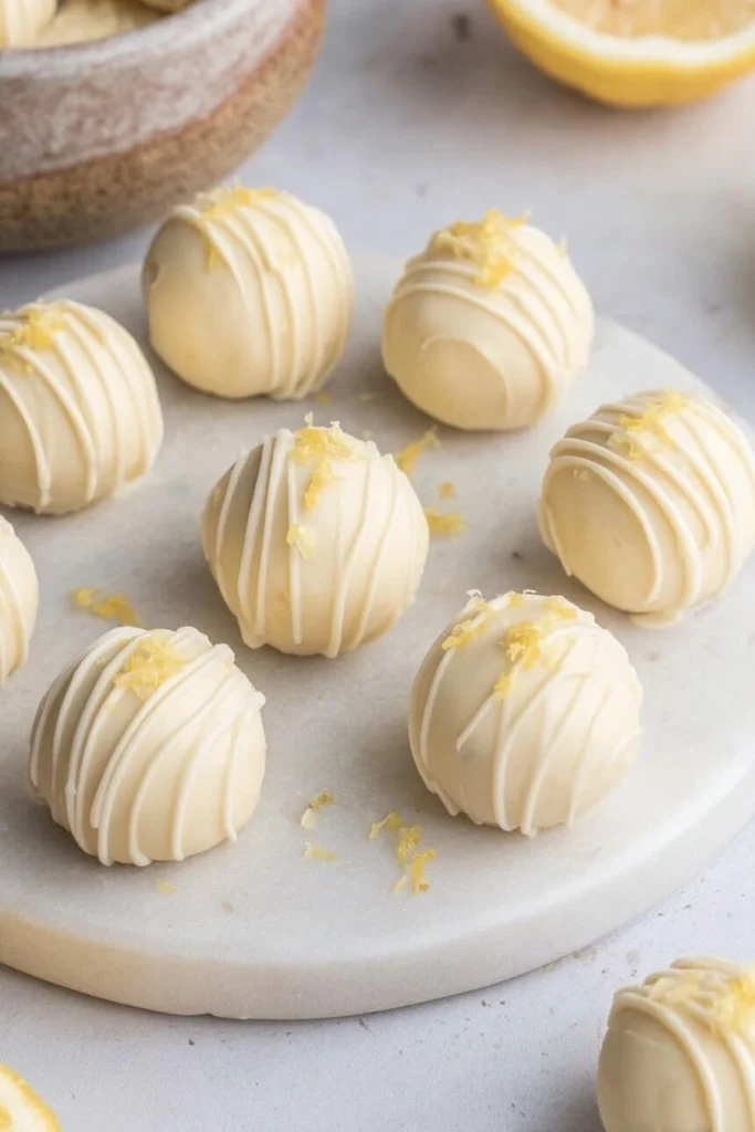 White chocolate 3 ingredient lemon truffles topped with fresh lemon zest on a marble plate.