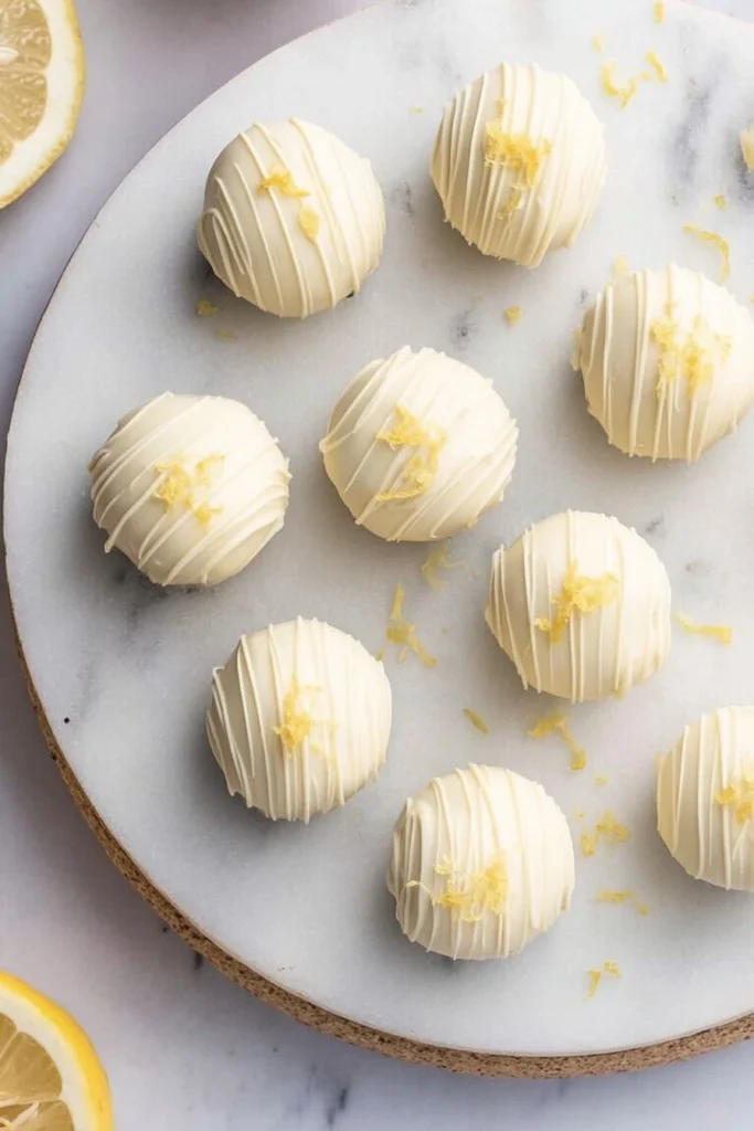 Creamy 3 ingredient lemon truffles drizzled with white chocolate and topped with fresh lemon zest on a marble tray.