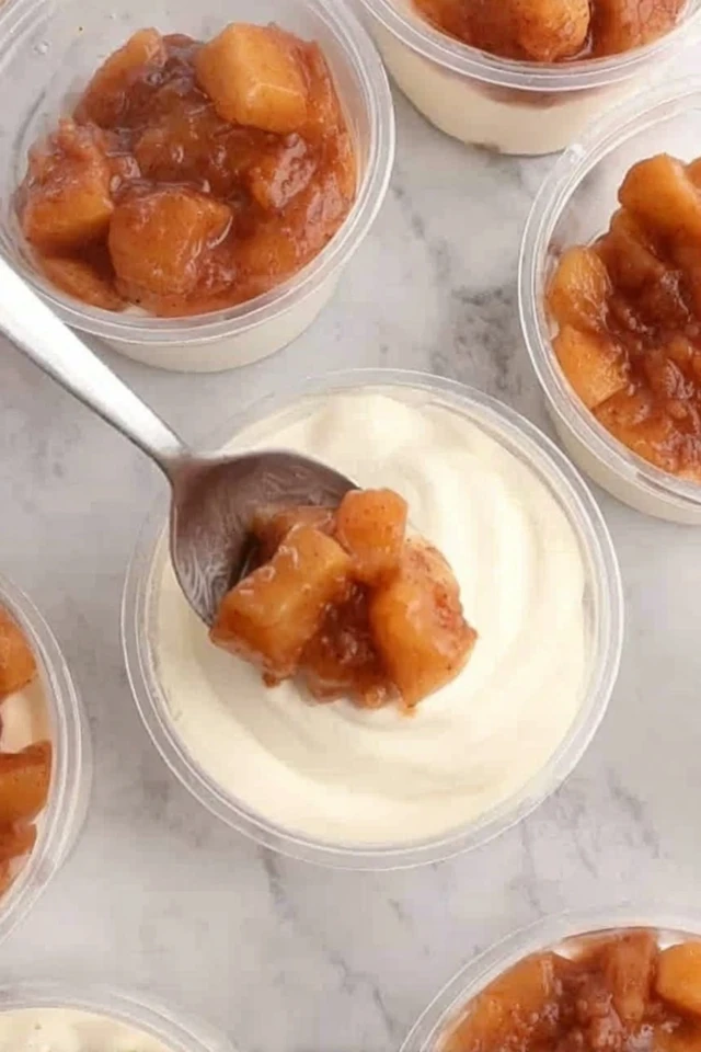 Spoon adding cooked cinnamon apples to creamy caramel apple dessert cups in clear plastic cups