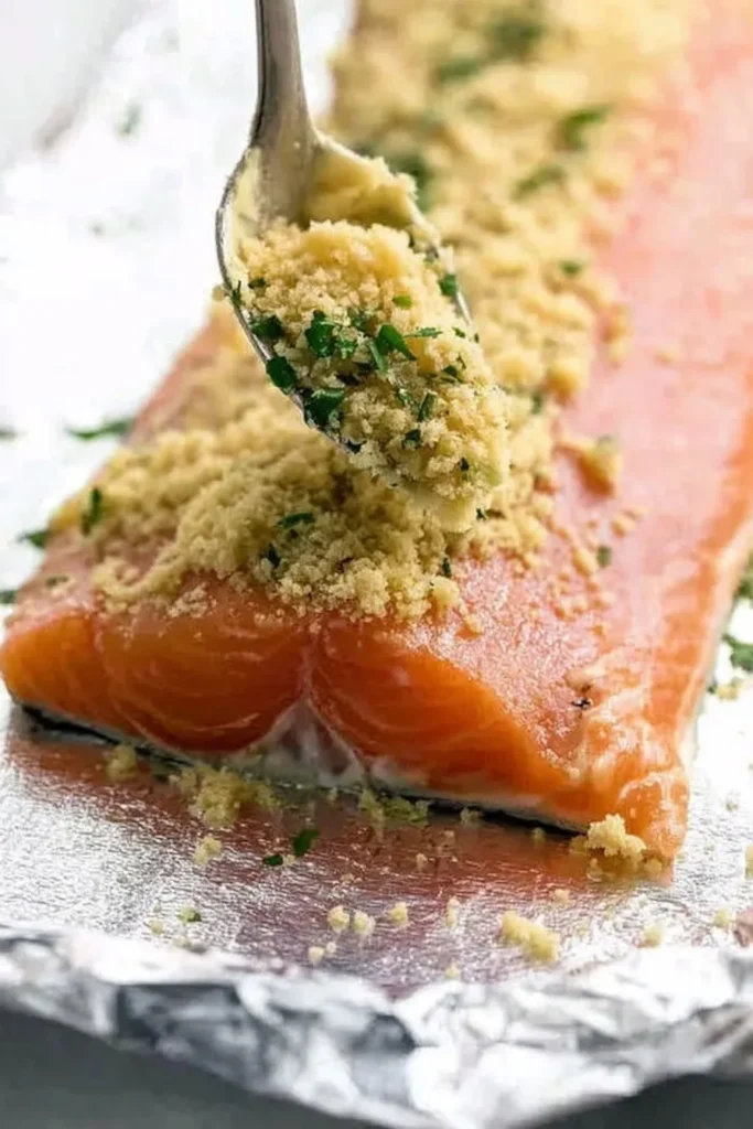 Spreading Parmesan herb crust over raw salmon fillet before baking
