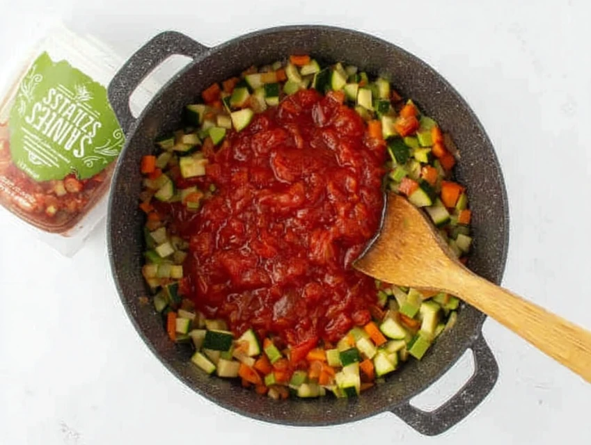 Diced tomatoes being added to sautéed vegetables in a pot while making homemade minestrone soup