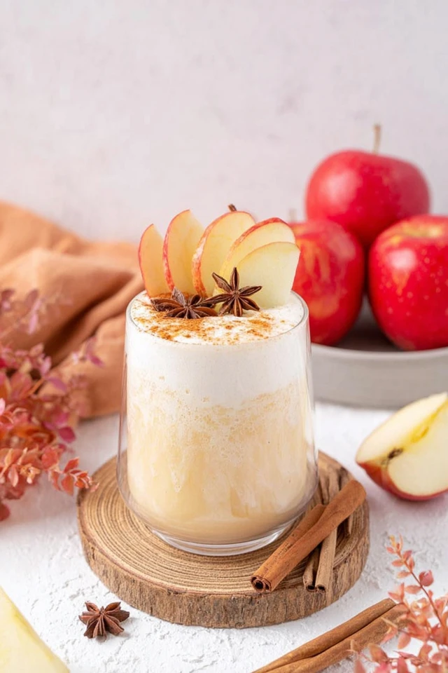 Apple cider float topped with vanilla ice cream, apple slices, star anise, and cinnamon sticks on a cozy fall table