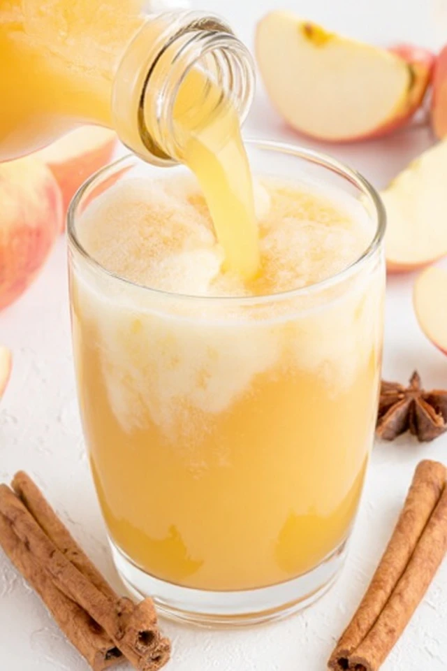 Apple cider being poured over vanilla ice cream to make a creamy apple cider float with fall spices