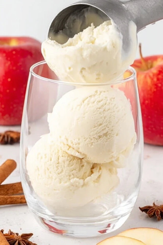 Vanilla ice cream scoops in a glass, ready to make an apple cider float with warm fall spices