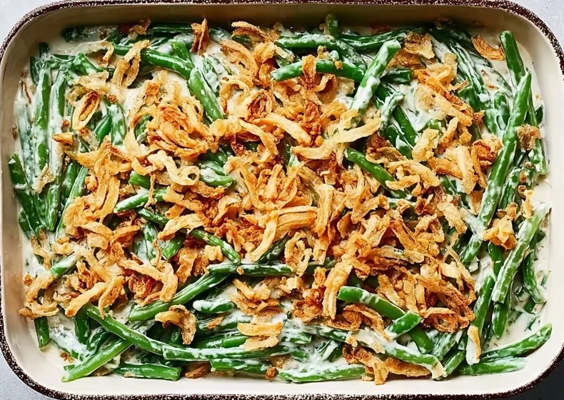 Green bean casserole assembled in a baking dish with creamy sauce and crispy fried onion topping before baking.