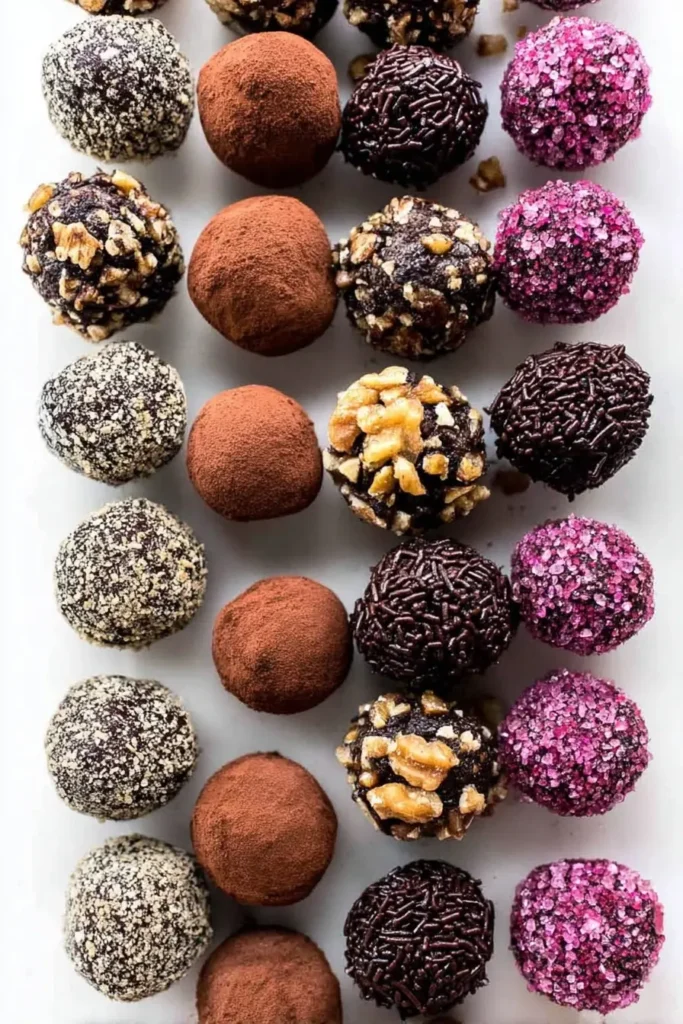 Top view of assorted homemade chocolate truffles coated in cocoa powder, nuts, sprinkles, and sugar crystals, arranged neatly in rows for a chocolate truffles recipe.