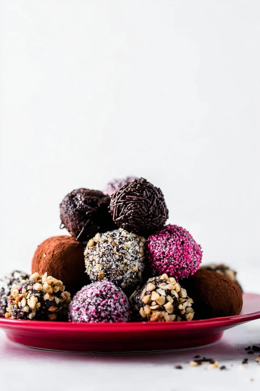 A plate stacked with assorted homemade chocolate truffles coated in cocoa powder, nuts, sprinkles, and coconut, perfect for an easy chocolate truffles recipe.