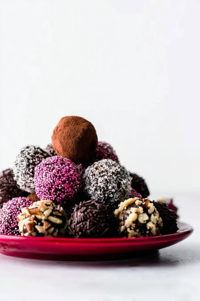A stack of assorted homemade chocolate truffles coated in cocoa powder, nuts, sprinkles, and coconut, displayed on a red plate for an easy chocolate truffles recipe.