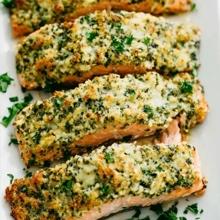 Baked Parmesan crusted salmon pieces arranged on a plate with a golden herb topping