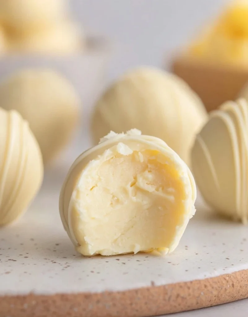 Soft creamy center of a lemon truffle with white chocolate coating.
