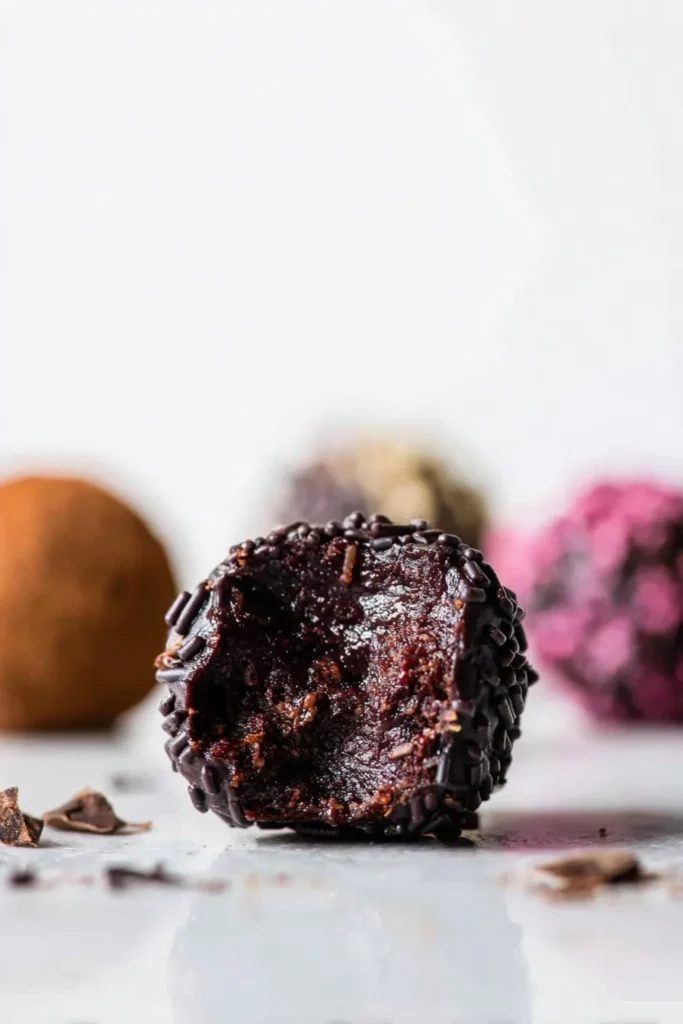 Close-up of a bitten homemade chocolate truffle with a rich, creamy chocolate center and sprinkles, perfect for an easy chocolate truffles recipe.