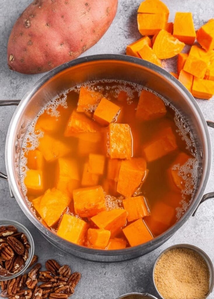 Sweet potatoes cut into chunks boiling in a pot of water, preparing sweet potatoes for sweet potato casserole